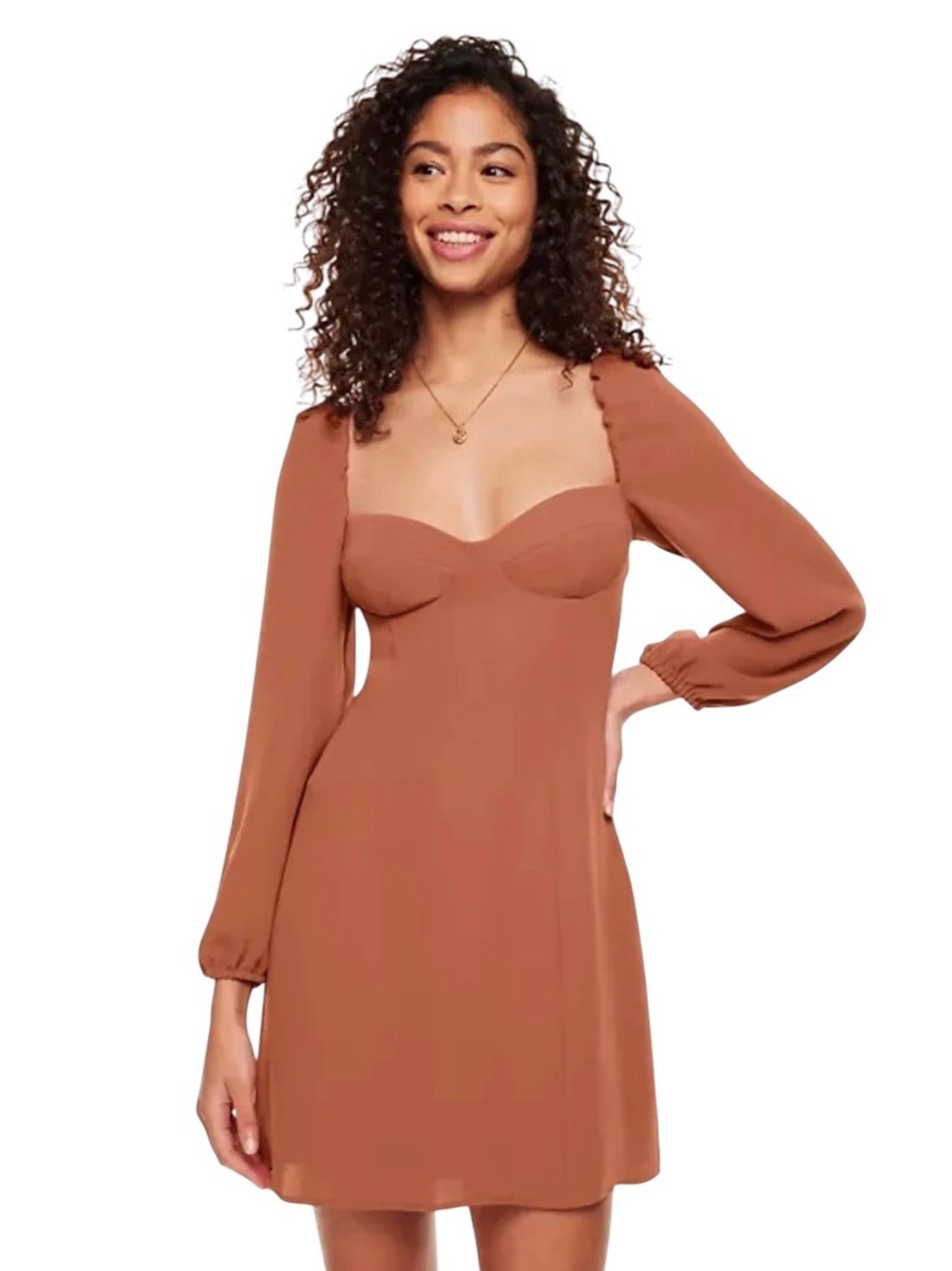 Aritzia Wilfred Novella Sweetheart Neckline Puff-Sleeve Mini Dress Brown Sz 6
